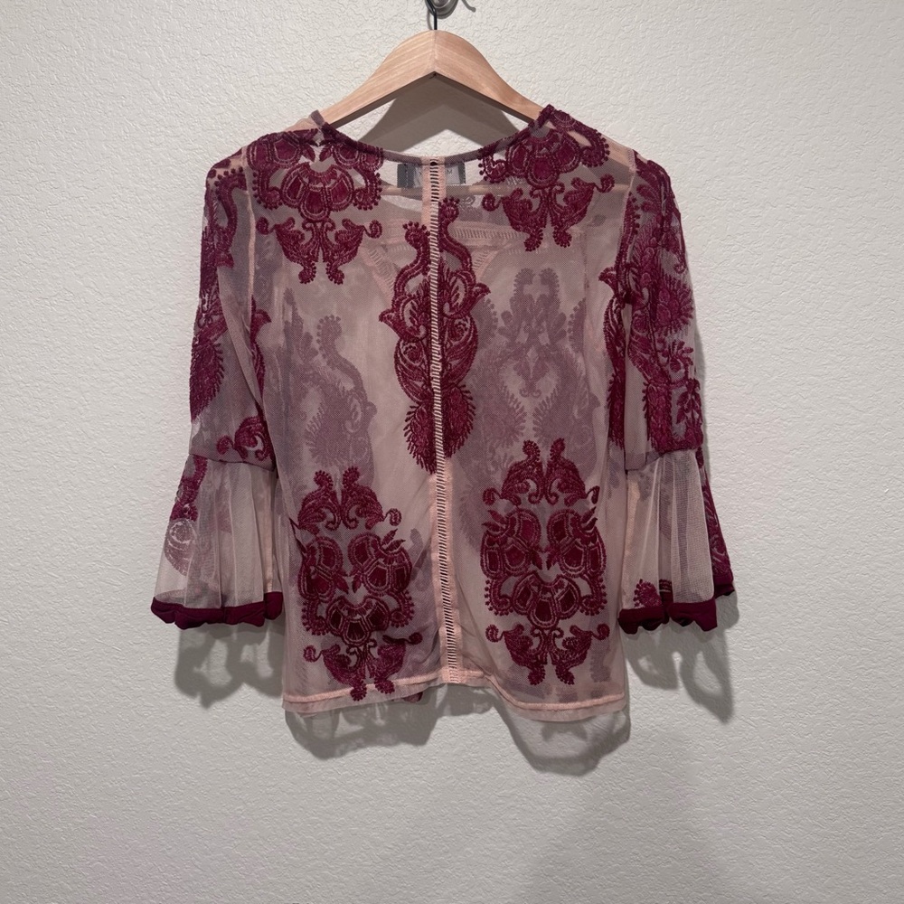 MINKPINK Sheer Mesh Embroidered Blouse Burgundy Coastal Cowgirl Fairy Festival - Picture 4 of 4
